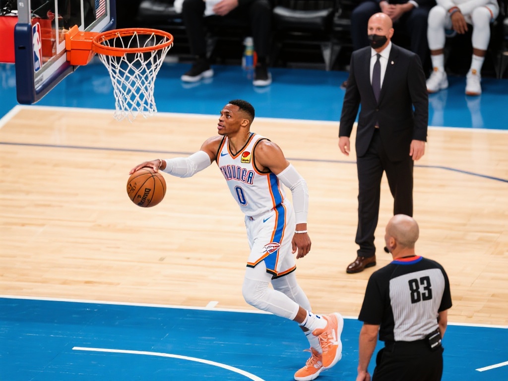 威少错位挑战巴恩斯，突破上篮失手裁判未判犯规